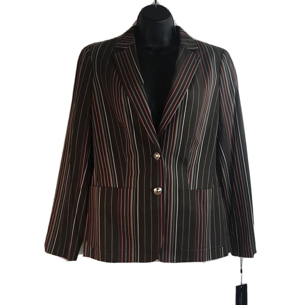 Womens Tommy Hilfiger Brown Blazer White Coral Stripes Silver Buttons New $139 6